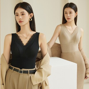 秋冬保暖内衣女秋衣蕾丝v领打底衫聚拢背心自带胸垫外穿内搭1305