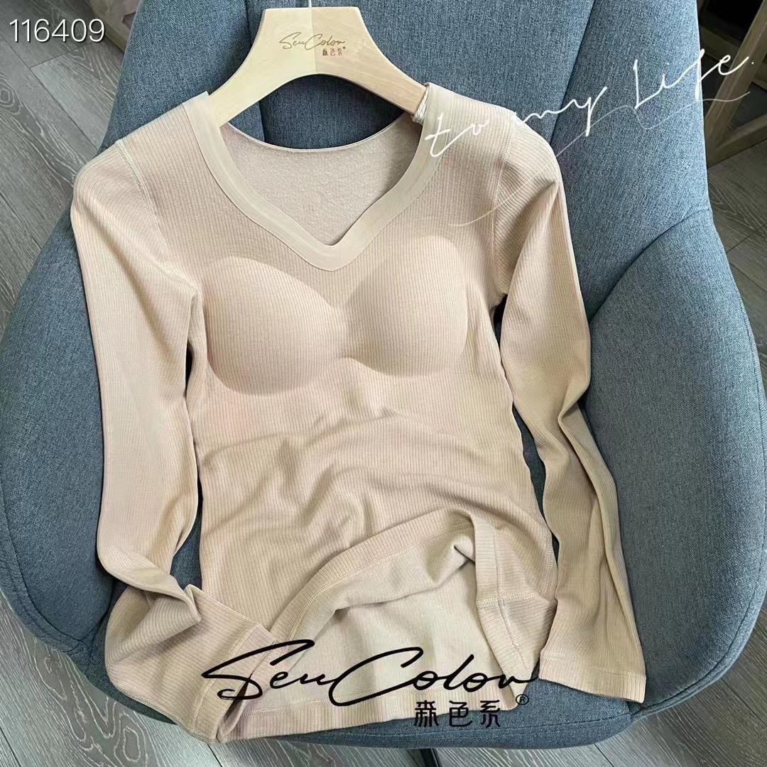 枫之欣7239秋冬带胸垫V领长袖打底衫女修身显瘦保暖上衣 - 封面