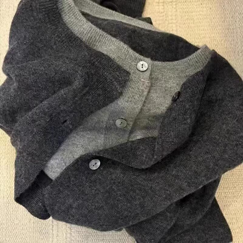 开衫女100%纯羊毛假两件针织羊毛衫低圆领毛衣秋冬季外套新款时尚