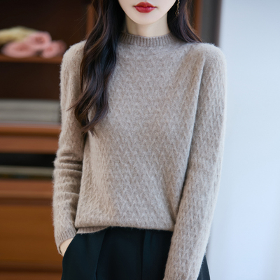 100%纯羊毛衫女半高领提花针织衫