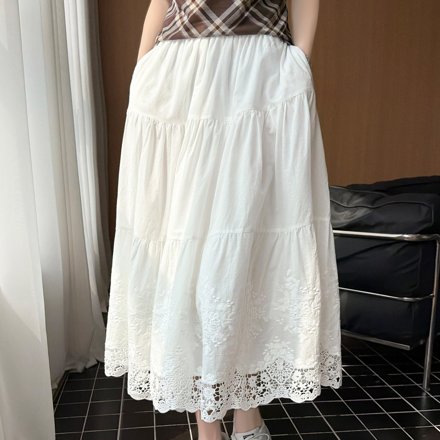 天丝棉花边蕾丝A字半身裙女中长款重工刺绣蛋糕裙温柔风优雅半裙