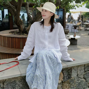 气质韩系春夏显瘦松弛休闲百搭ins风麻感衬衫 SUNCC自制 春日栀子