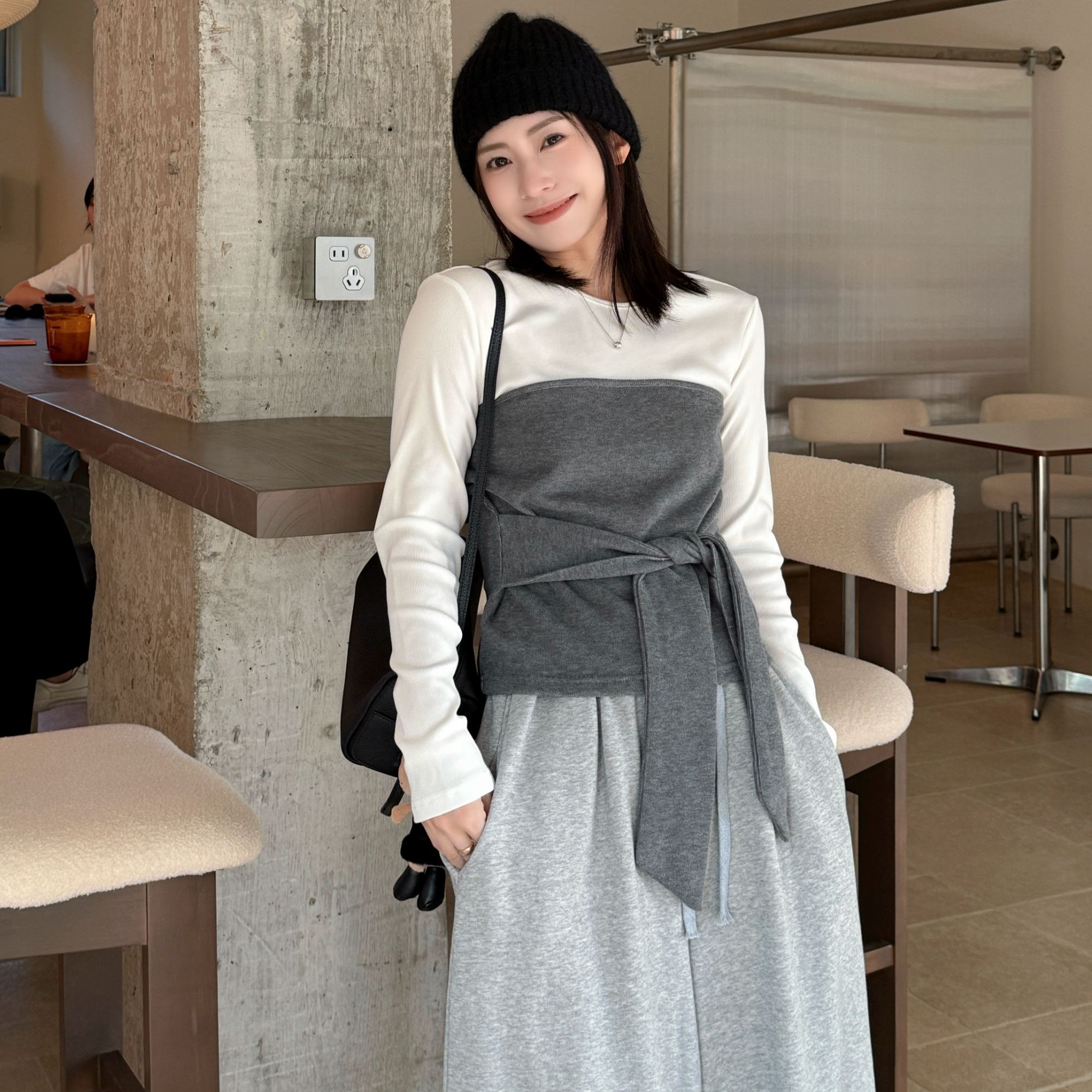 SUNCC自制 吸引力 假两件收腰显瘦气质小众设计感百搭简约上衣