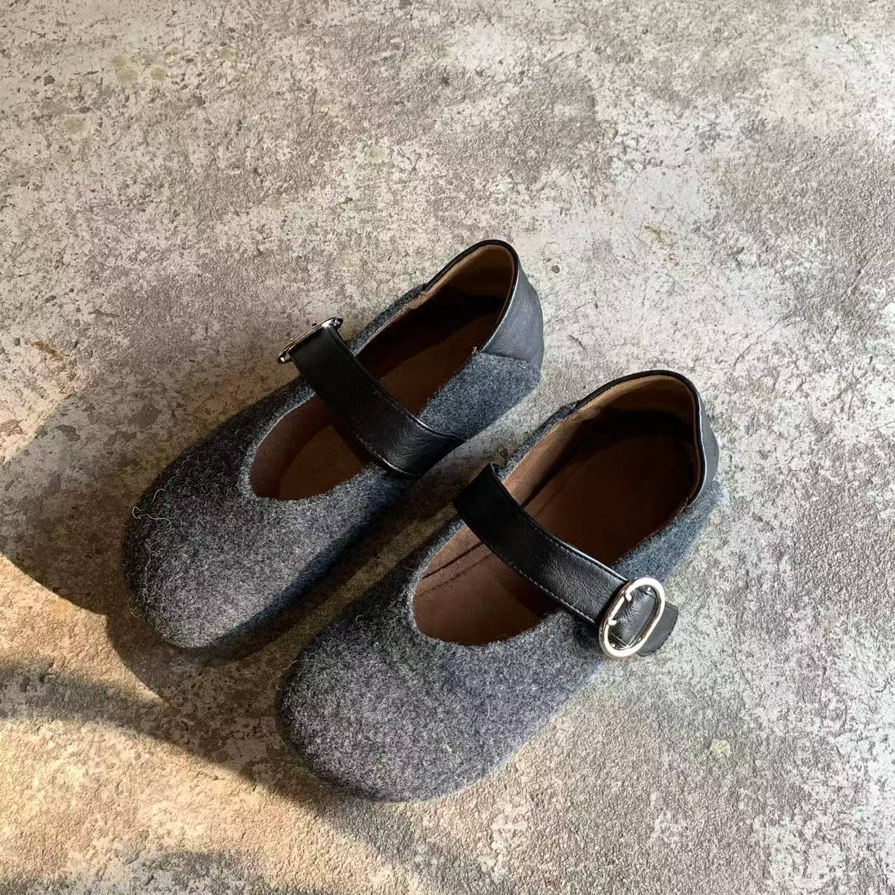 SUNCC自制 奶味鞋 韩版浅口圆头一字扣毛呢休闲小众拼接一脚蹬鞋