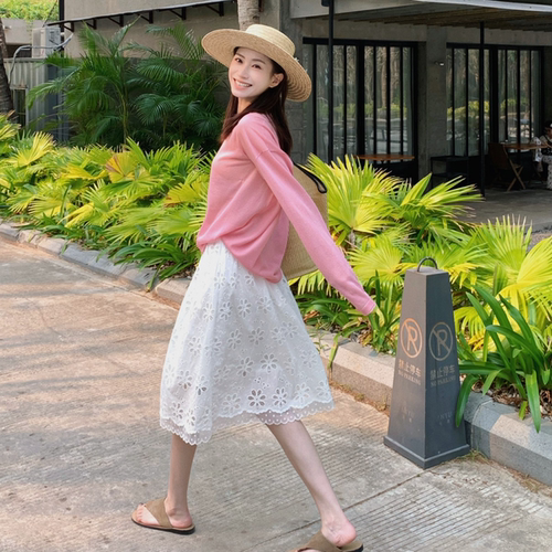 SUNCC自制 小白花 气质休闲时尚百搭韩系春夏显瘦花朵镂空半身裙