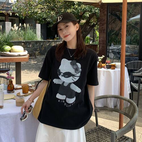 SUNCC自制 墨镜kt 夏季个性百搭卡通KT猫印花ins宽松短袖T恤