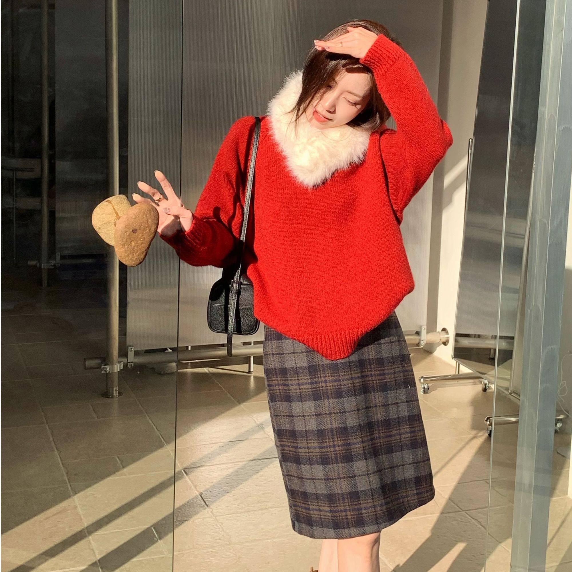 SUNCC自制 冬日简讯 配毛领冬慵懒舒适保暖纯色高级简约韩系毛衣