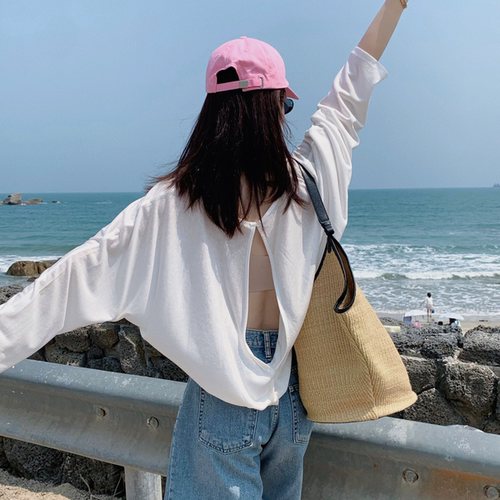 SUNCC自制 轻氧设计 莱赛尔天丝韩版慵懒百搭露背气质宽松长袖T恤