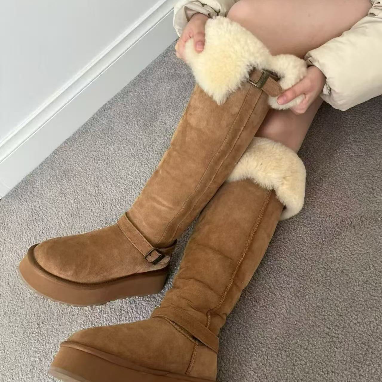 澳洲直邮OZWEAR新款厚底纯羊毛雪地靴高筒保暖懒人毛毛防滑ob848