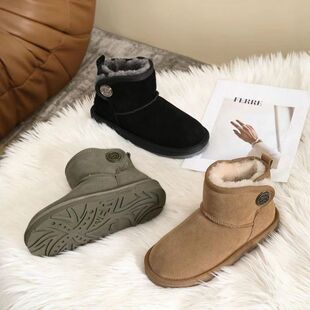 澳洲EVERAU雪地靴女小羊铜扣羊皮毛一体雪地靴一粒扣经典短筒3148