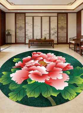 直播间用中式圆形地垫轻奢风电脑椅垫绿色牡丹花试衣间花朵法莱绒