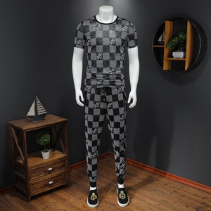 2021夏季新款方块格短袖套装男长裤 钱塘3029-3004-P110  假模图片