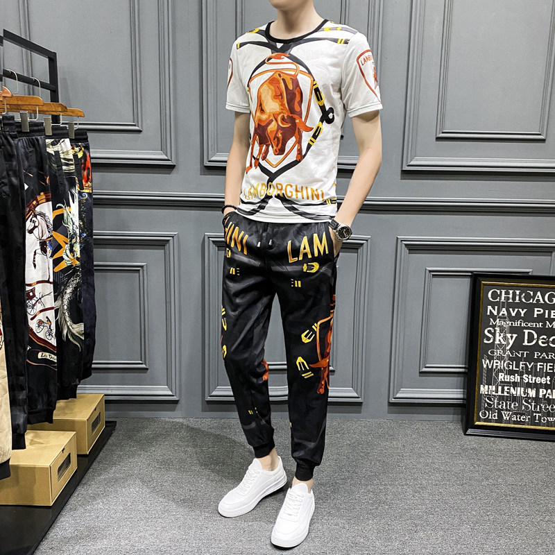2021夏季新款动物印花短袖长裤套装男 钱塘3029-3008-P110 真模图片