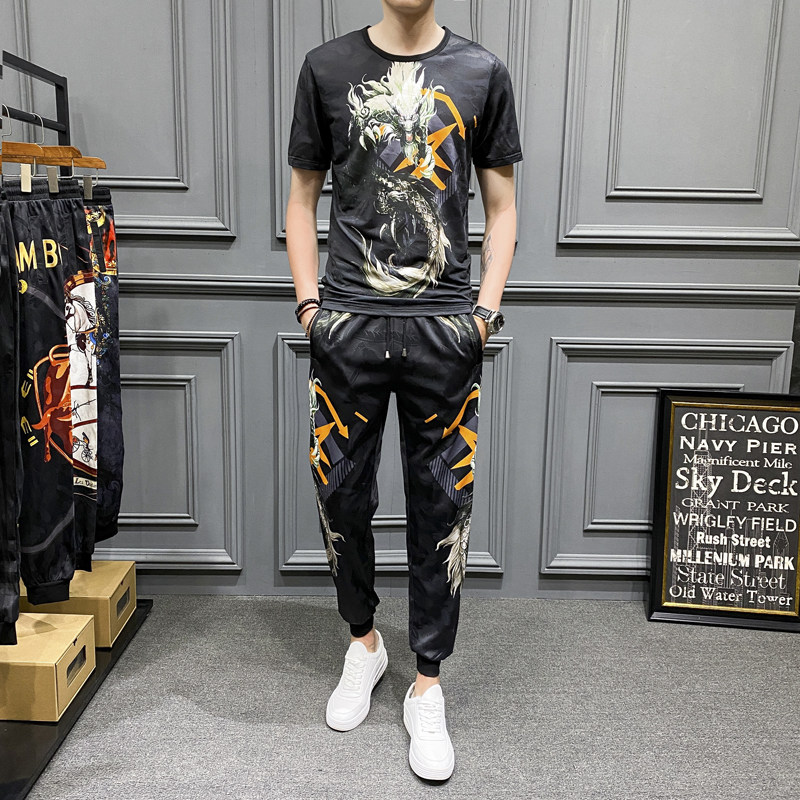 2021夏季新款中国风龙短袖套装男 钱塘3029-3010-P110   真模图片