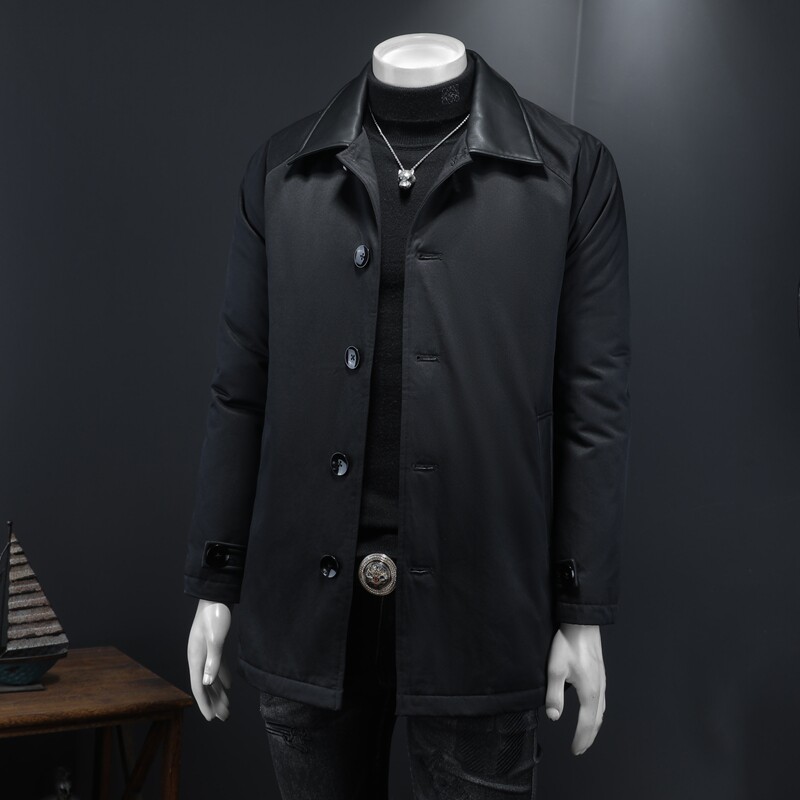 2025冬装90绒落肩宽松型拼皮中长款羽绒服男6006-7201-P300假模,男装羽绒服,钱塘6006(原3029)
