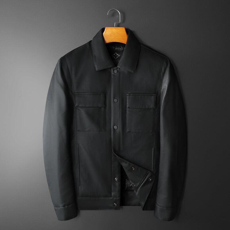 2021秋冬装新款翻领PU皮羽绒服男  钱塘3029-00163  平铺图图片