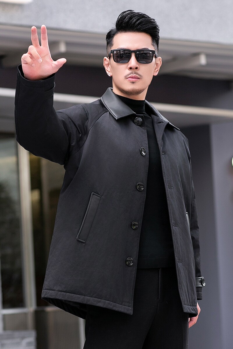 2025冬装90绒落肩宽松型拼皮中长款羽绒服男6006-7201-P300假模,男装羽绒服,钱塘6006(原3029)