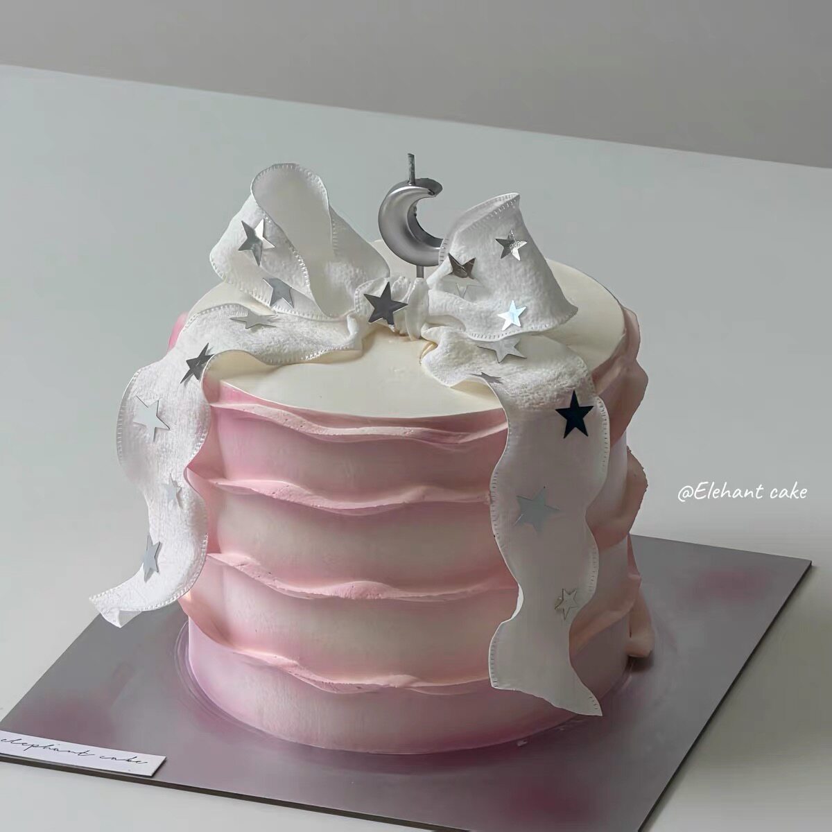 ins风褶皱丝带蛋糕装饰银色月亮蜡烛插件星星亮片生日装扮蛋糕款