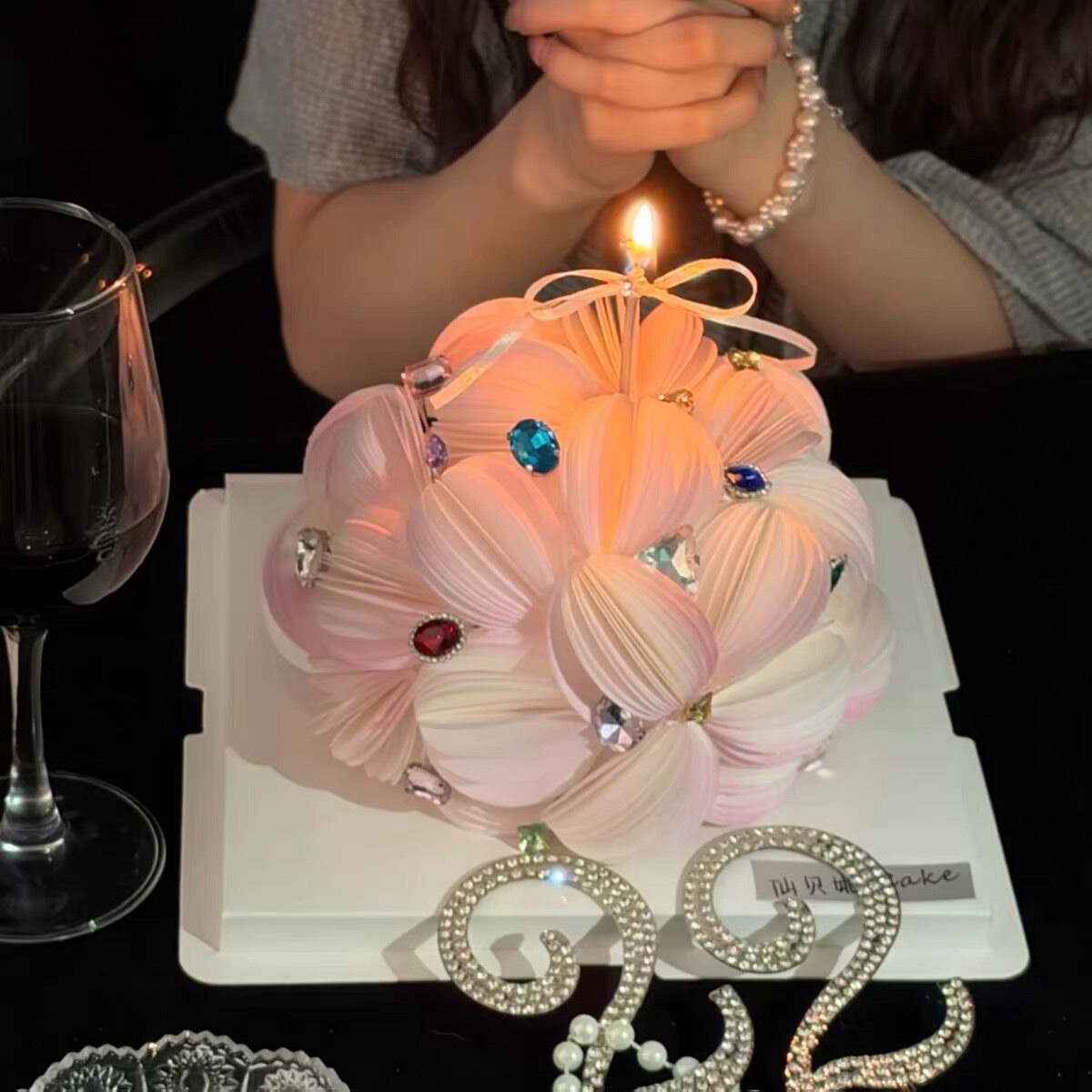 仙贝妮同款女生女神生日蛋糕装饰糯米纸蝴蝶结灯笼花宝石砖石摆件