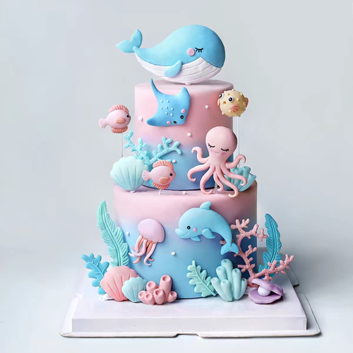 海洋主题生日蛋糕装饰鲸鱼八爪鱼魔鬼鱼海豚刺豚水母海底世界摆件