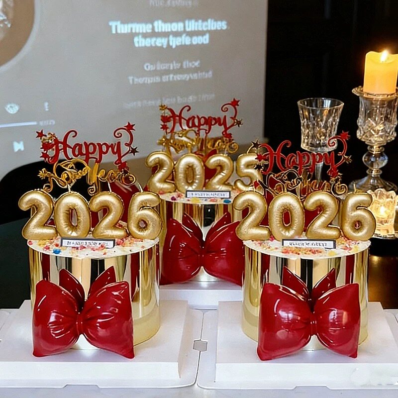 2026新年快乐跨年蛋糕装饰马年除夕气球数字蜡烛蛋糕装饰蝴蝶结款