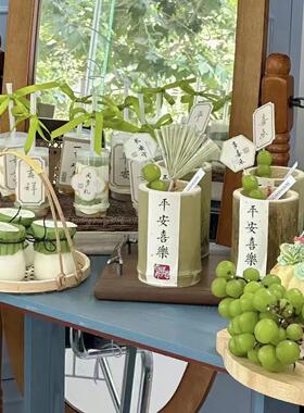 新中式国风兔宝宝绿色系满月周岁生日蛋糕装饰中式屏风甜品台插件