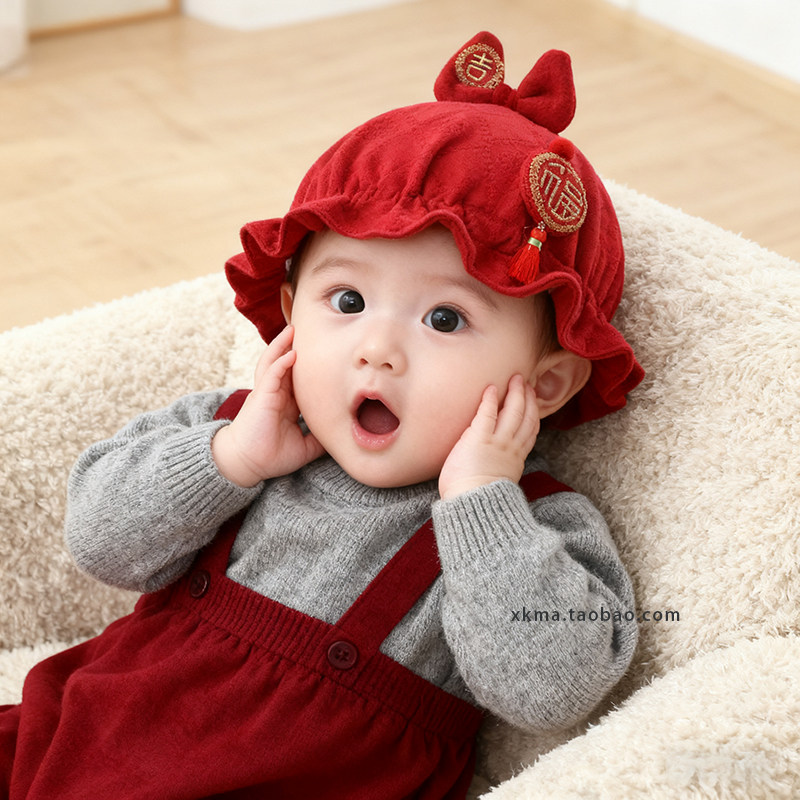 婴儿帽子春秋季新生儿红色喜庆周岁帽秋天小月龄女宝宝薄款遮阳帽
