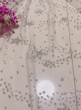 幻彩星星点点喷银烫金闪亮粉烫钻亮片蕾丝婚纱礼服面料DIY布料