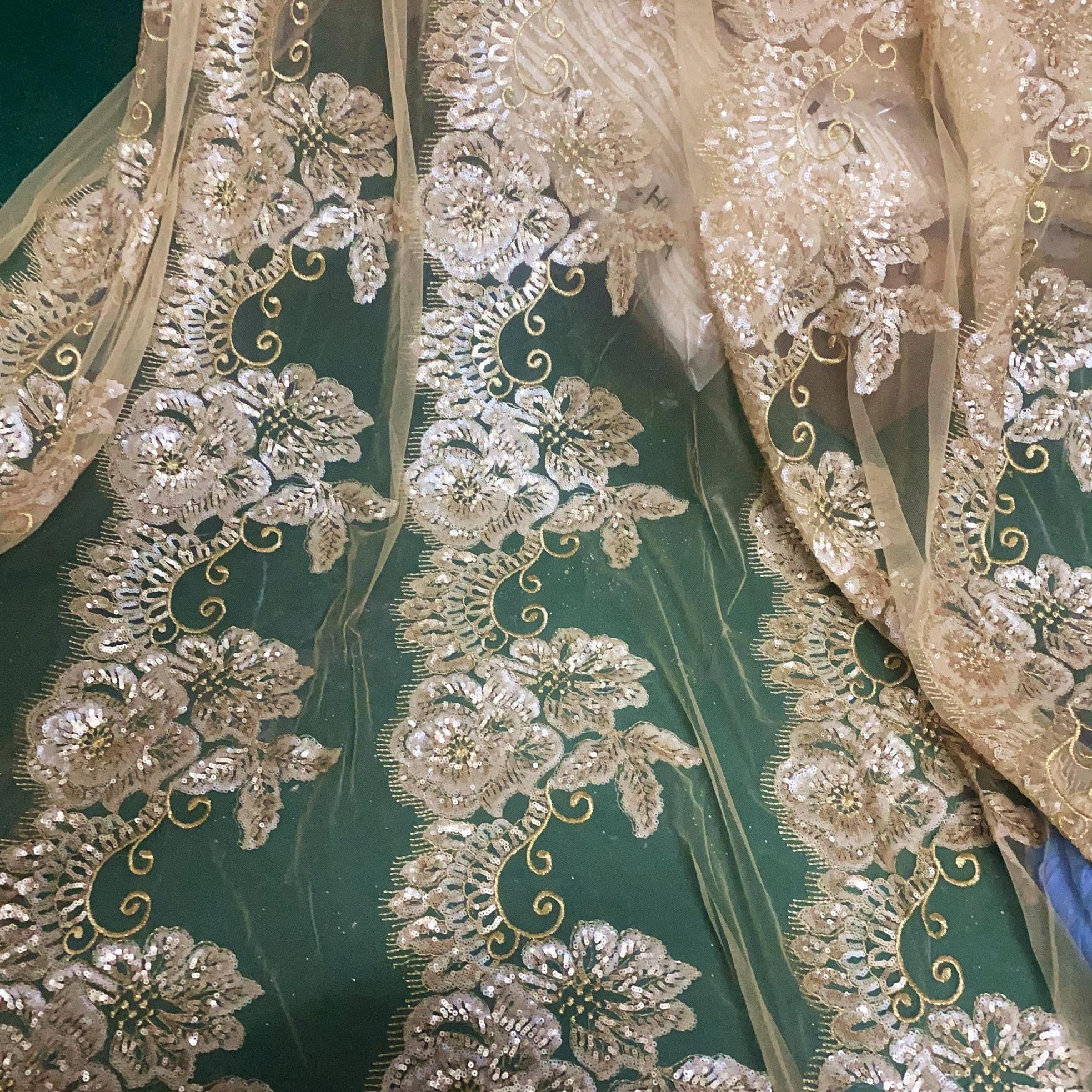 豪华亮片刺绣金色蕾丝布料连衣裙服装布料 唯美婚纱材料面料