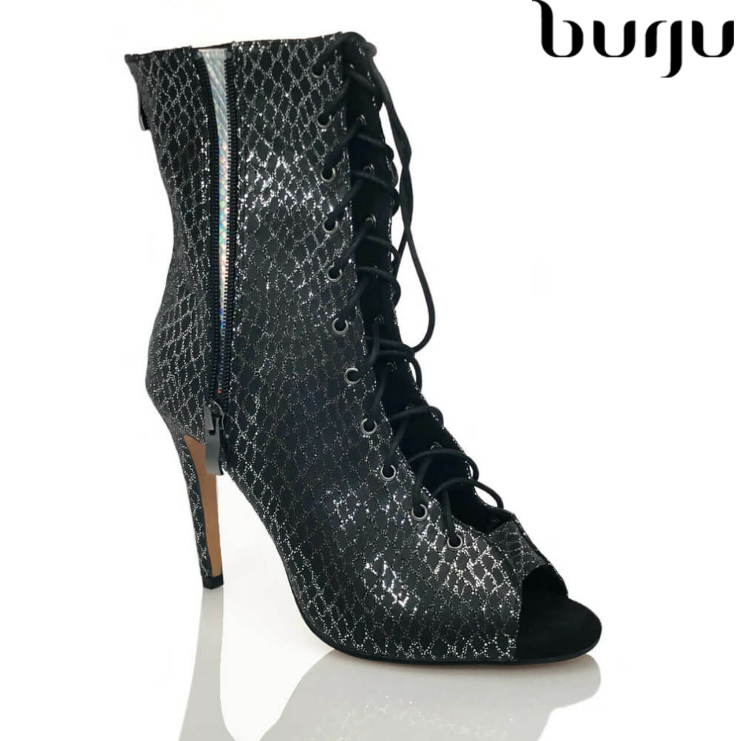 burju-rude boy银色蛇皮系带舞靴,heels系带高跟鞋,拉丁舞蹈鞋
