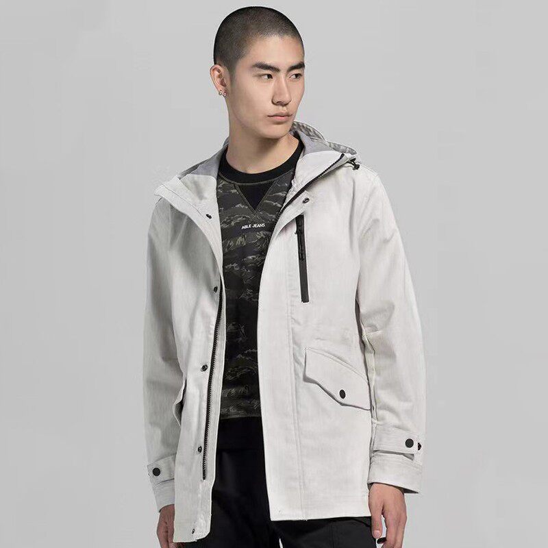 ABLE JEANS MENS TRENCH COAT FALL|WINTER NEW WHITE COW DENIM HOODED JACKET CASUAL MIDI TOP JACKET