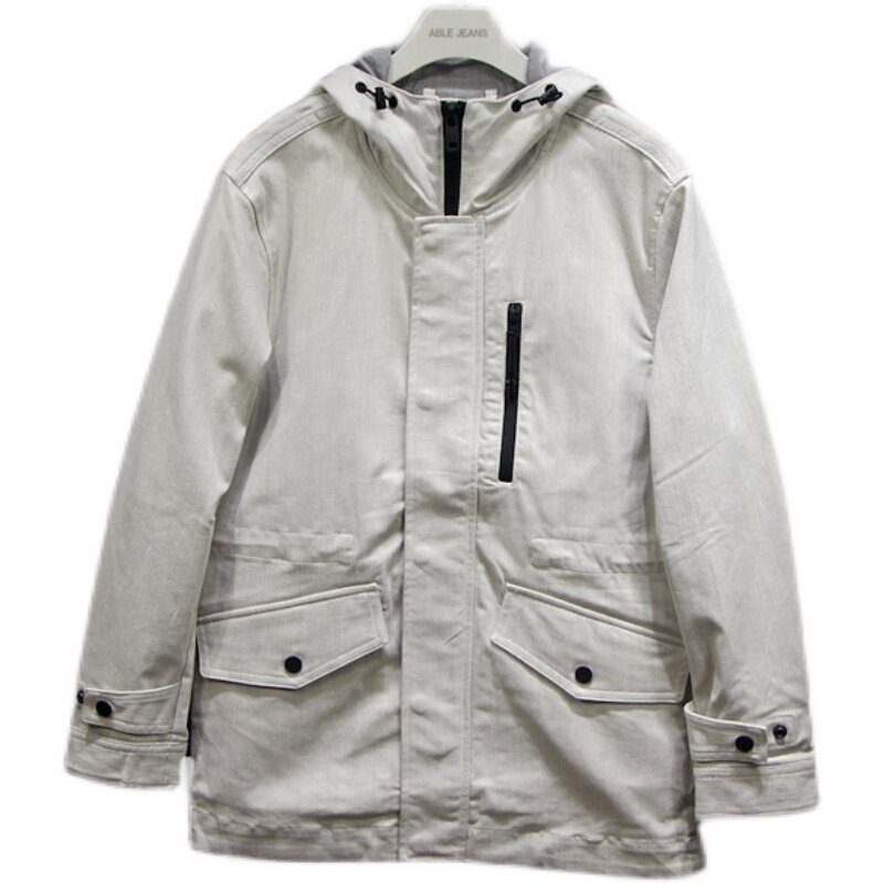 ABLE JEANS MENS TRENCH COAT FALL|WINTER NEW WHITE COW DENIM HOODED JACKET CASUAL MIDI TOP JACKET