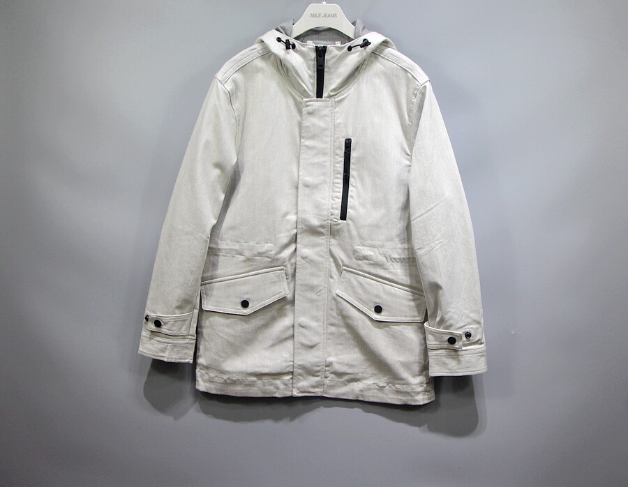 ABLE JEANS MENS TRENCH COAT FALL|WINTER NEW WHITE COW DENIM HOODED JACKET CASUAL MIDI TOP JACKET