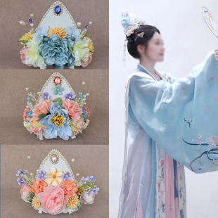 唐宋妆造云鬓簪花冠仙气绢花珍珠莲花发冠古风演出整顶假发套发饰