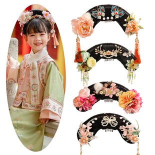 儿童格格旗头发饰古装假发清朝宫廷头饰古风满族发型可爱女童燕尾