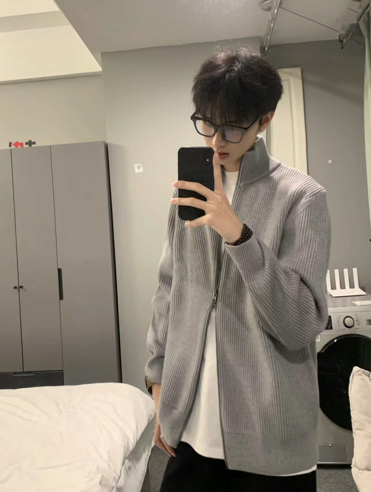cleanfit灰色针织开衫外套男秋冬ootd穿搭高级感美式慵懒立领毛衣图片