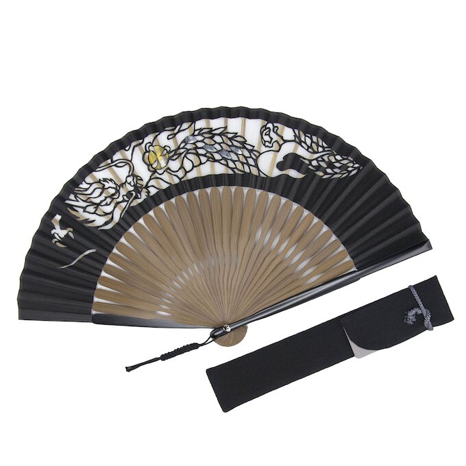 日本制 京都名扇 白竹堂 切绘 白銀の透 京扇子 绅士套装 龙
