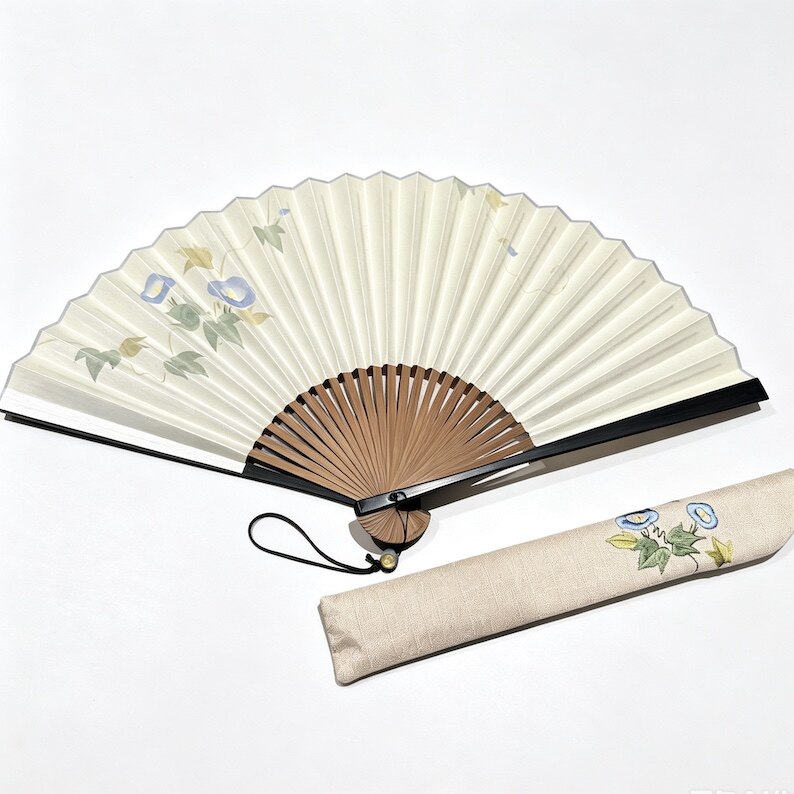 日本制 京都宮脇賣扇庵 京扇子 职人手绘 京しらべ「朝顔」付扇袋