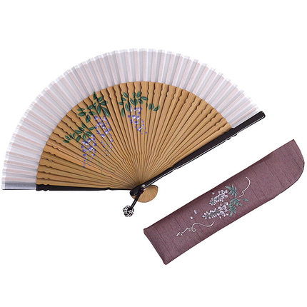 日本 京都老铺 京扇子 白竹堂 迷你花の绘刺绣 扇子 紫藤花付扇袋