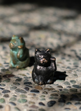 日本 江戸時代伝統技術手作の青銅製 置物摆件摆饰可愛铜像招福猫