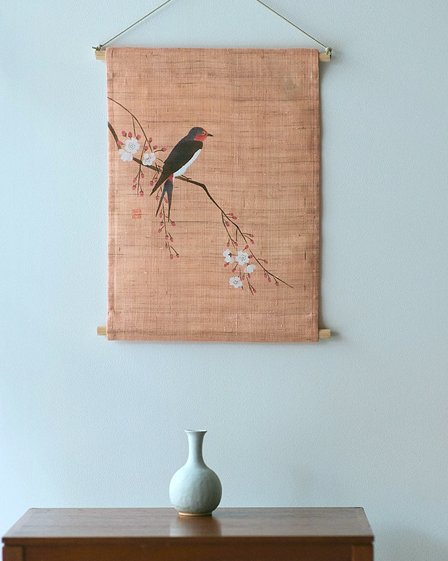 日本制 游中川 手纺手织の麻 季节限定 质感壁挂 挂毯 枝垂れ桜燕