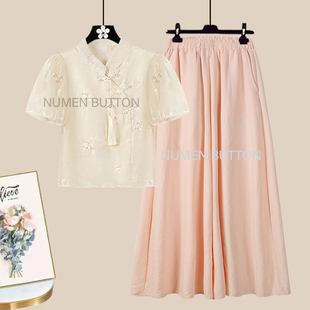 短袖 汉服女2024新款 夏季 国风上衣搭配粉色宽松裙裤 两件套装 新中式