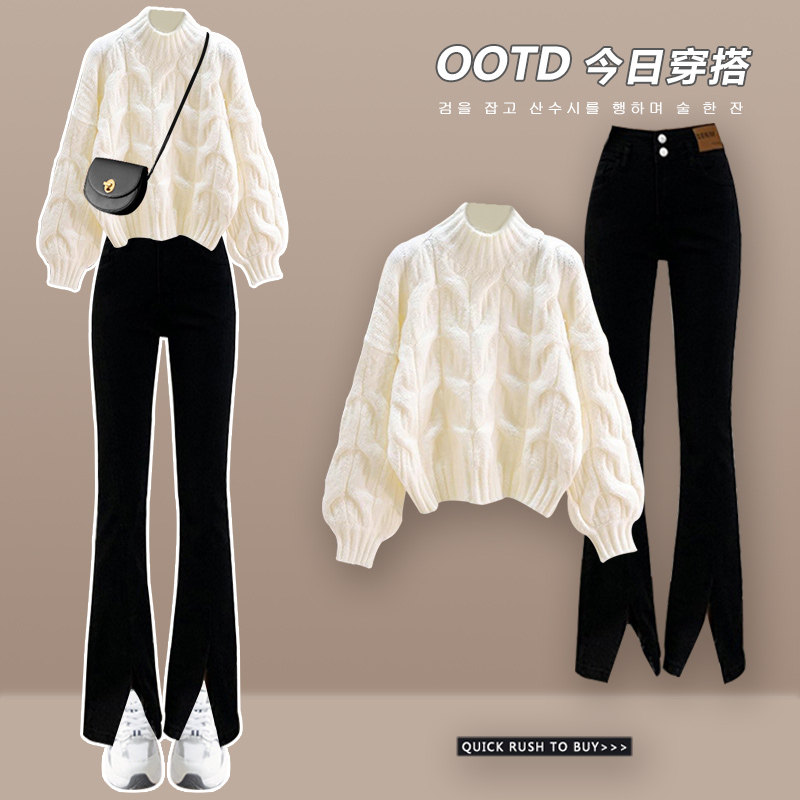 小个子秋装套装女温柔风韩系穿搭麻花针织毛衣搭配牛仔裤一整套