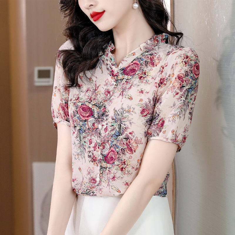 碎花雪纺衫女士衬衫2024夏季新款高档洋气小衫显瘦短袖遮肚女上衣