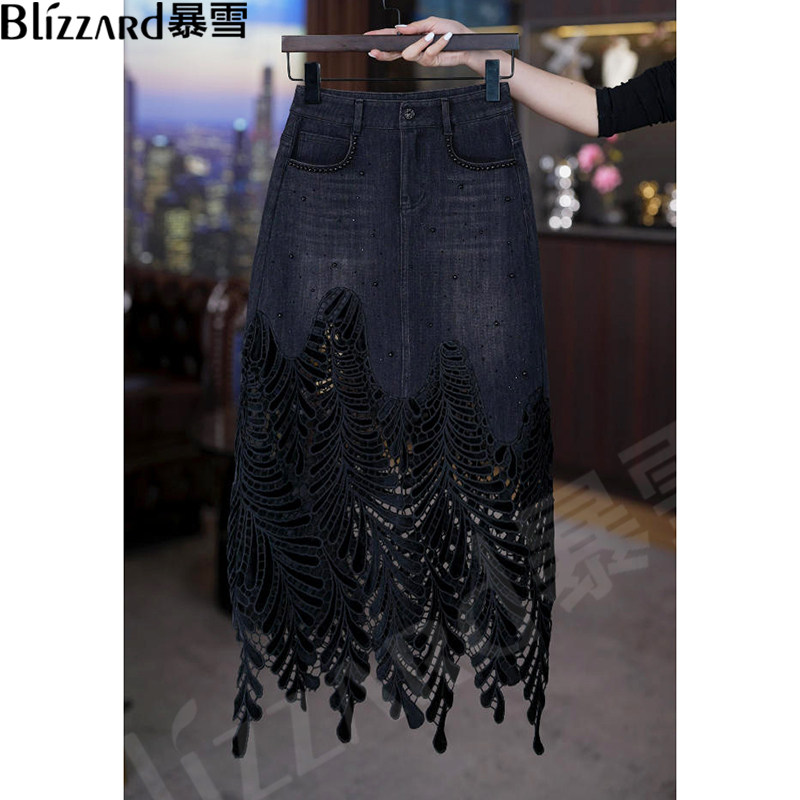 【黑凤凰】重工刺绣牛仔半身裙女