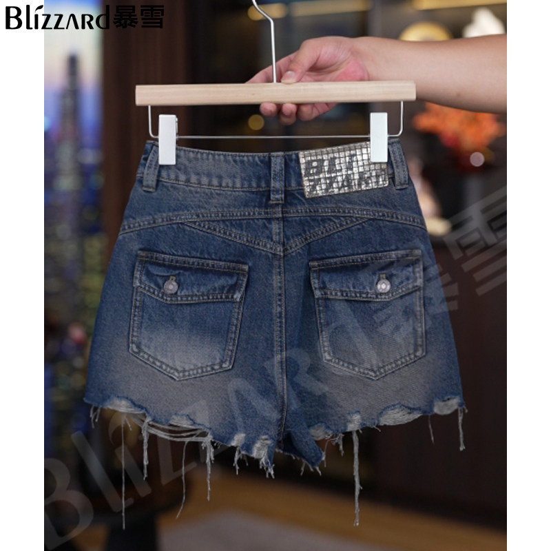 暴雪【暗香茶蓝】毛边破洞阔腿牛仔短裤女2026新款高腰显瘦a字裤