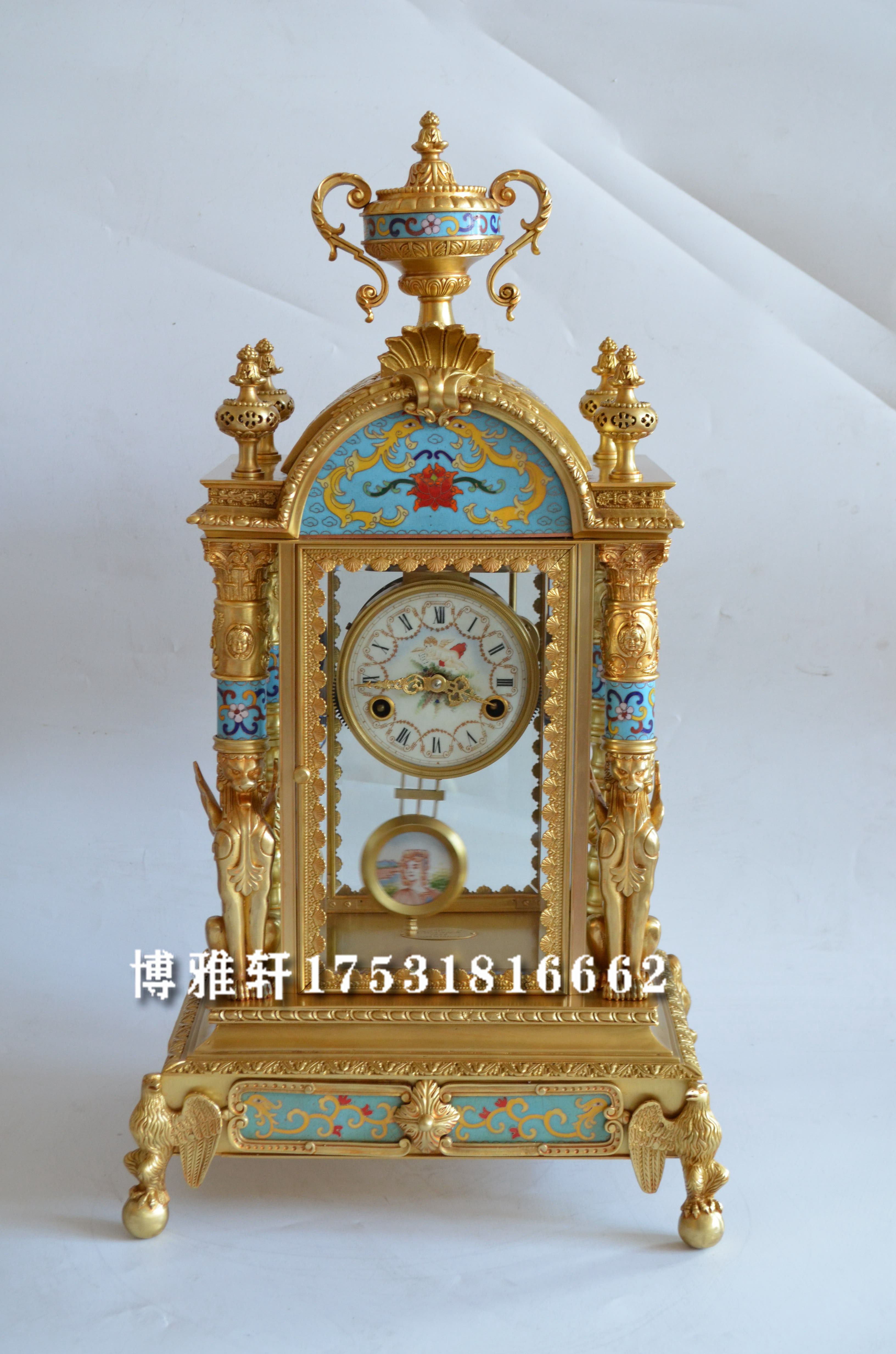 钟表纯铜景泰蓝掐丝珐琅仿金座钟老式发条上弦仿古董欧式国外台钟