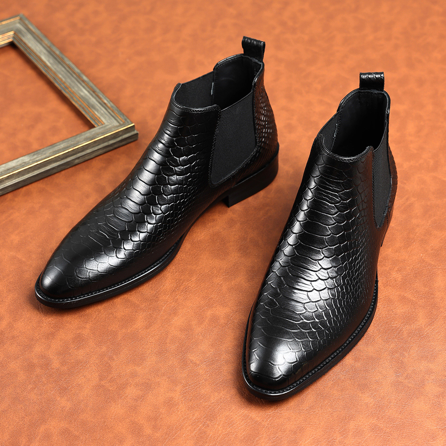 秋冬英伦切尔西靴男靴牛皮马丁短靴子男士时尚鳄鱼纹真皮高帮皮鞋