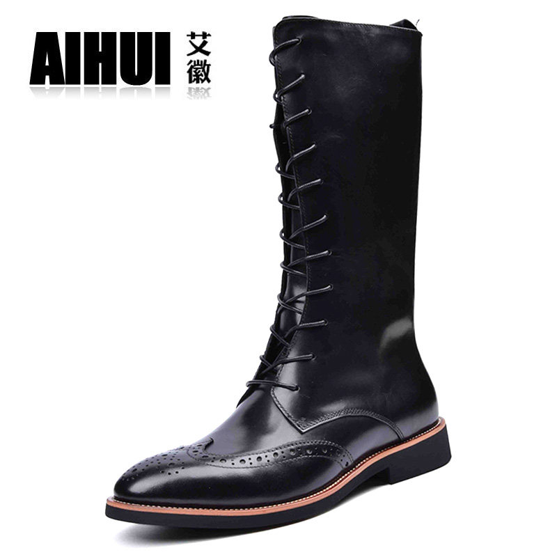 真皮长筒靴子男靴尖头英伦马丁靴高筒靴男士长靴子布洛克雕花皮靴