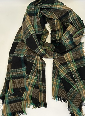 ZAR*墨绿色经典格子款式秋冬时尚百搭格纹保暖围巾男女同款披肩